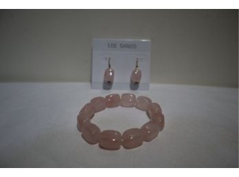 Lee Sands Pink Stones Stretch Bracelet And Earrings With Goldtone Posts