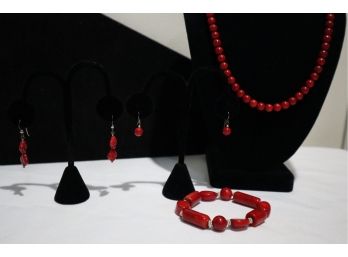 925 Sterling Silver Clasp And Posts With Red Stones Necklace, 2 Pairs Of Earrings, And Stretch Bracelet