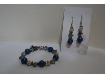 Silver Tone With Blue Stones Bracelet And Earring Set