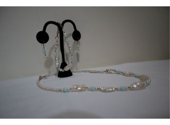 Lee Sands Gold Tone Pearl And Light Blue Stones Necklace, Bracelet, And Earrings Set