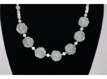 Lee Sands Gold Tone With White Mother Of Pearl Looking Stones And Light Green Carved Flower Stones Necklace