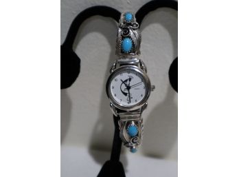 R. B. Running Bear 925 Sterling Silver With Turquoise Watch Tips And Stretch Band