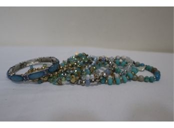 Blue And Green Tone Mixed Material Stretch Bracelet Lot