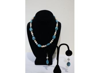 925 Sterling Silver Clasp And Posts Pearl And Blue Stones Necklace And Earrings