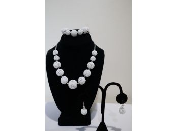 Liz Claiborne Silver Tone With White Beads Necklace, Bracelet, And Earrings Set