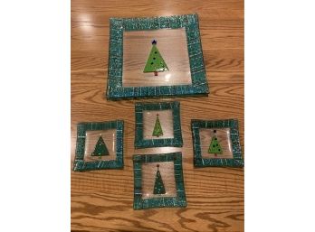 Christmas Tree Platter And Four Matching Plates