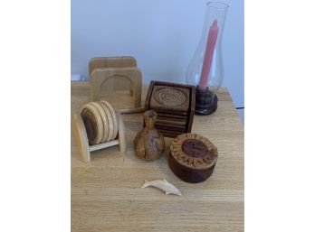 Group Of Wood Coasters, Puzzle Boz, Dolphin & Candleholder