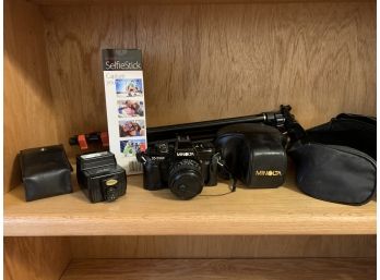 Minolta 35mm Camera, Flash, Tripod, Cases & Selfie Stick