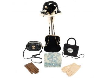 Collection Of Four Vintage Bags, Gabriel Amar For Frank Olive Hat, Vintage Leather Gloves