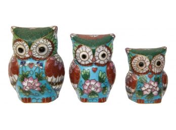 Set Of Three Cloisonne Enamel Graduated Height Owls