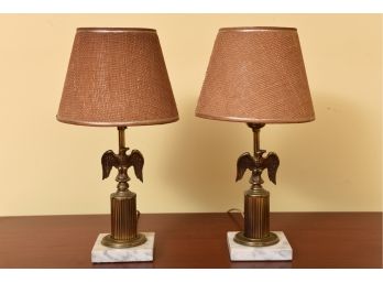 Pair Of Brass Ribbed Eagle Form Table Lamps With Marble Bases And Burlap Lamp Shades