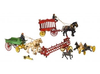 Collection Of Antique Cast Iron Horse And Buggy Wagons And Circus Themed Toys