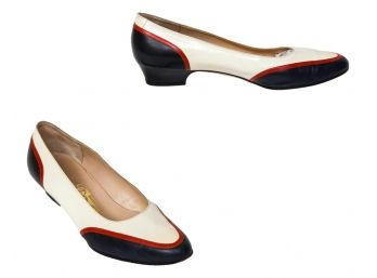 Vintage Salvatore Ferragamo White Flats With Navy And Red Stripe (Size 7.5B)