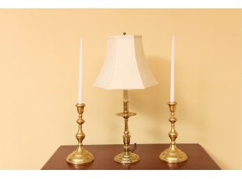 Pair Of Brass Candelabras And A Brass Table Lamp