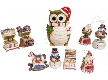 Collection Of Eight Mr. Christmas Music Box Ornaments And Owl Cookie Jar