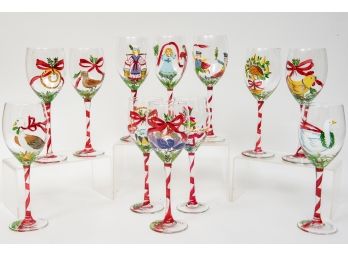 Collection Of Twelve Hand Painted Christmas Themed Wine Glasses