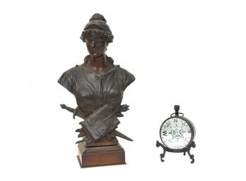 H. Muller Bronze Bust Sculpture And Vintage Bronze Clock/compass