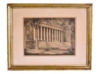 Framed Etching Signed A. Bradshaw Of Widener Library At Harvard