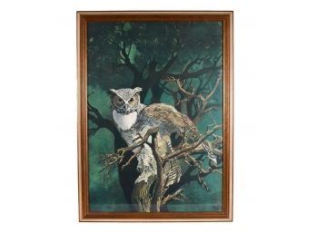 Framed Print Signed Bruce Lattig (American 1933-) Of The 'Great Horned Owl'