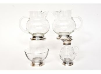 Sterling Silver Rimmed Glass Pitchers, Sugar And Cream Set.