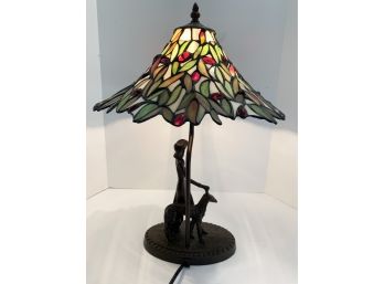 Figural Art Deco Tiffany Style Leaded Glass Lamp With Jewels