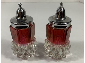 Vintage Ruby Flashed Indiana Glass Diamond Point Salt And Pepper Shakers