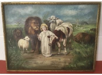 Antique Oil On Canvas Girl With Animals