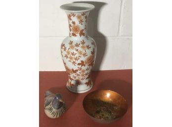 Trio Of Decorative Porcelain & Enamel Orange Tones Pieces