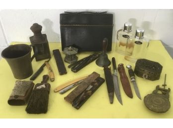 Antique Lot, Bakelite Shavers, Bell, Flasks, Knives, Lantern, Plus