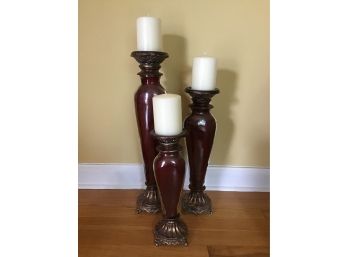 Set Of 3 Large Cranberry Red Decorative Candlesticks