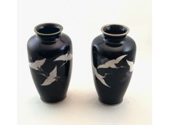 Pair Of Vintage Black Porcelain Hand Painted Vases