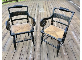 RARE Antique Stenciled Curved Arm Wooden Hitchcock Chairs With Rush Seats