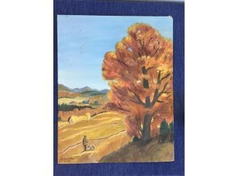 Signed Unframed Art Of A Hunter And His Dog In Fall By A Tree