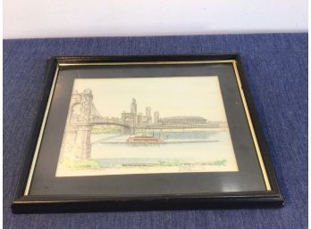 Black And Gold Framed River Front Stadium Art Signed By Paul Blackwell