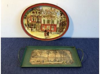 Metal Tray Lot Of 2 One Oval With Red Trim, One Rectangular With Green Trim.