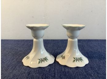 Nikko Japan White With Holly Designed Candle Stick Holders