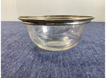 Sterling Rimmed Glass Bowl With Floral Etching