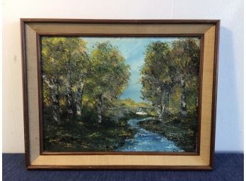 Brown Framed Signed Painting Of White Oak Trees By The River