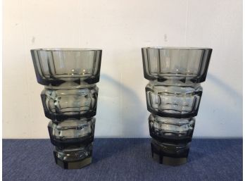 Pair Of Heavy Cut Crystal Tall Vases