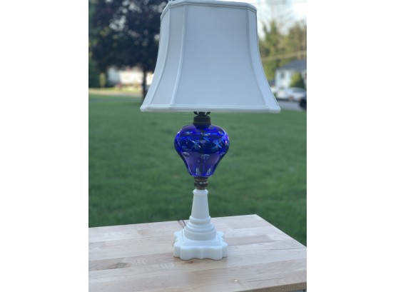 Beautiful Blue Glass And Marble Based Vintage Lamp