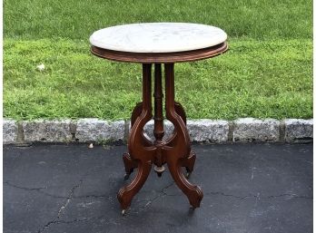 Vintage Marble Top Pedestal Table With Carved Wooden Legs