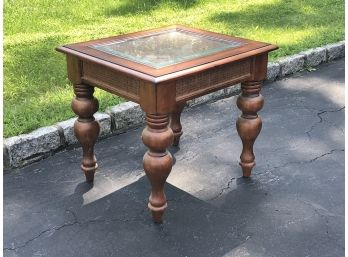 Wooden End Table With Rattan And Glass Inlay