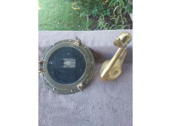Vintage Brass Porthole Mirror And Brass Goose