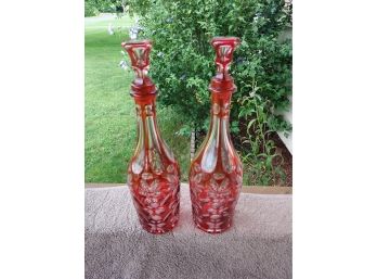 2 Vintage Cranberry Cut Glass Decanters
