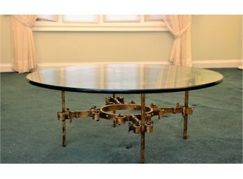 Handsome Round Antiqued Scrolled Metal Cocktail Table W/Thick Glass Top