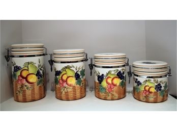 Lovely Set Of 4 Ceramic Certified International CIC Fruit Themed Kitchen Canisters