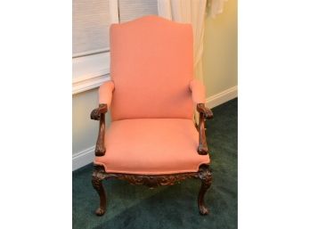 Vintage Handsome Peachy/Mauve Wingback Upholstered Chair W/Carved Legs