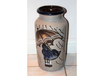 Vintage Mid Century Modern Scheurich Keramik 227-44 Salt Glazed Girl Under Umbrella Vase/Stand