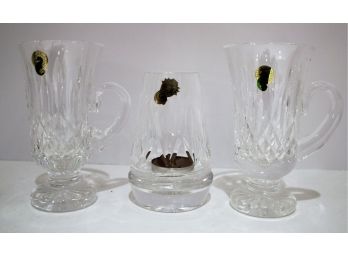 WATERFORD CRYSTAL Lot - Tea Light Holder & 2 Irish Coffee Mugs