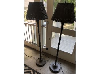 Pair Of Faux Bamboo Floor Lamps With Wicker Shades